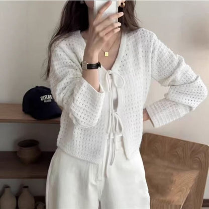 V-Neck Crochet Plain Crop Cardigan