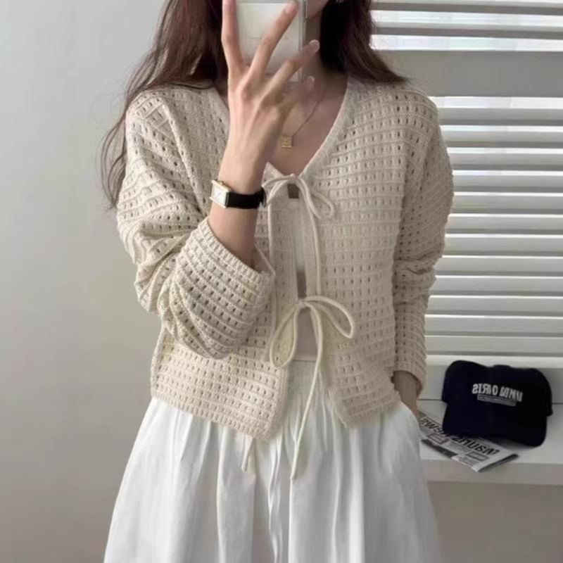 V-Neck Crochet Plain Crop Cardigan