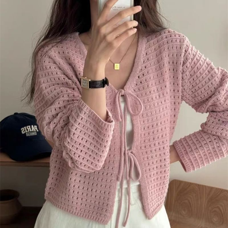 V-Neck Crochet Plain Crop Cardigan