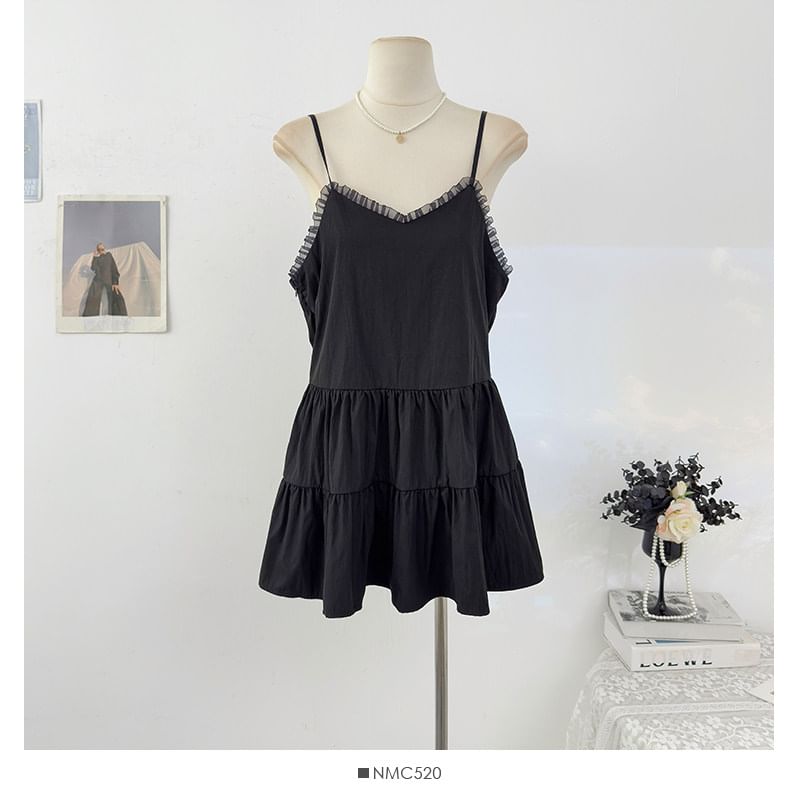Spaghetti Strap Plain Ruffle Panel Mini A-Line Dress