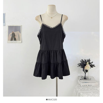 Spaghetti Strap Plain Ruffle Panel Mini A-Line Dress