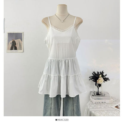 Spaghetti Strap Plain Ruffle Panel Mini A-Line Dress