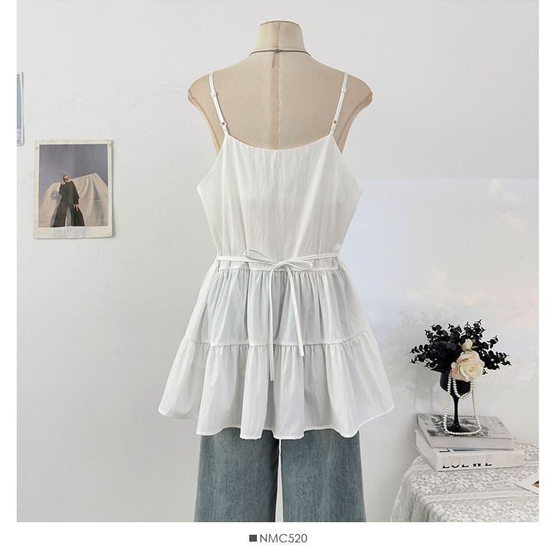 Spaghetti Strap Plain Ruffle Panel Mini A-Line Dress