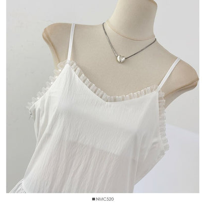 Spaghetti Strap Plain Ruffle Panel Mini A-Line Dress