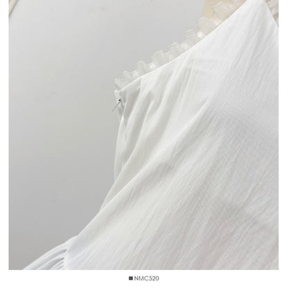 Spaghetti Strap Plain Ruffle Panel Mini A-Line Dress
