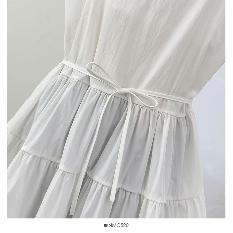 Spaghetti Strap Plain Ruffle Panel Mini A-Line Dress