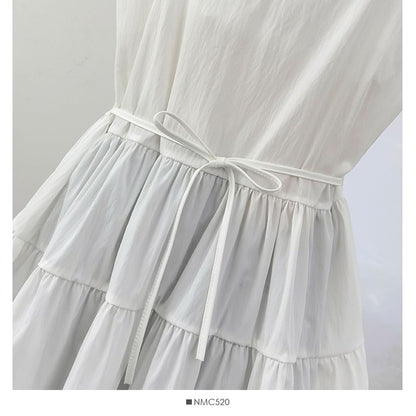 Spaghetti Strap Plain Ruffle Panel Mini A-Line Dress