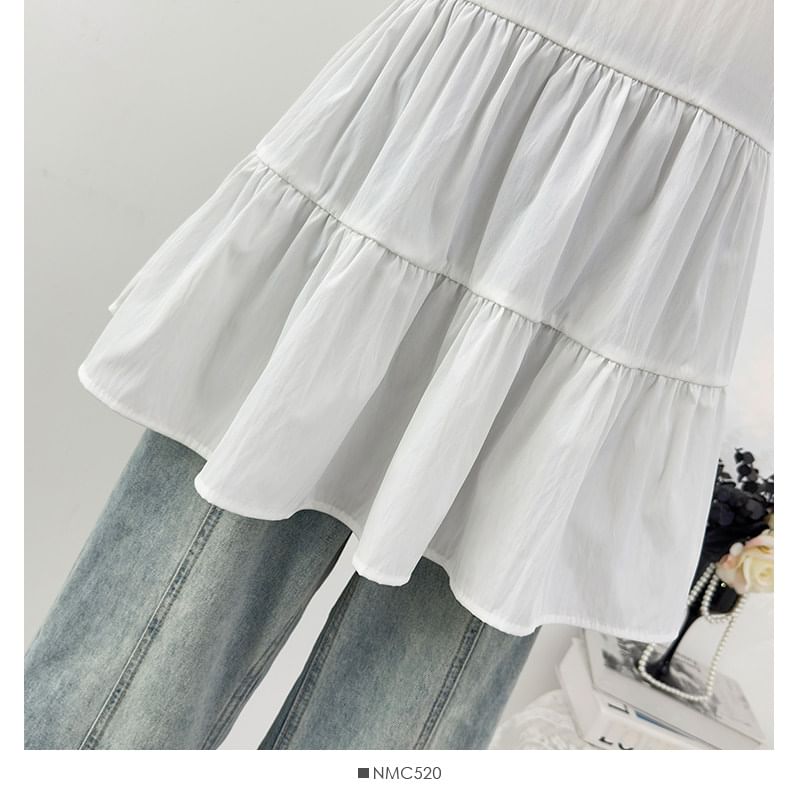 Spaghetti Strap Plain Ruffle Panel Mini A-Line Dress