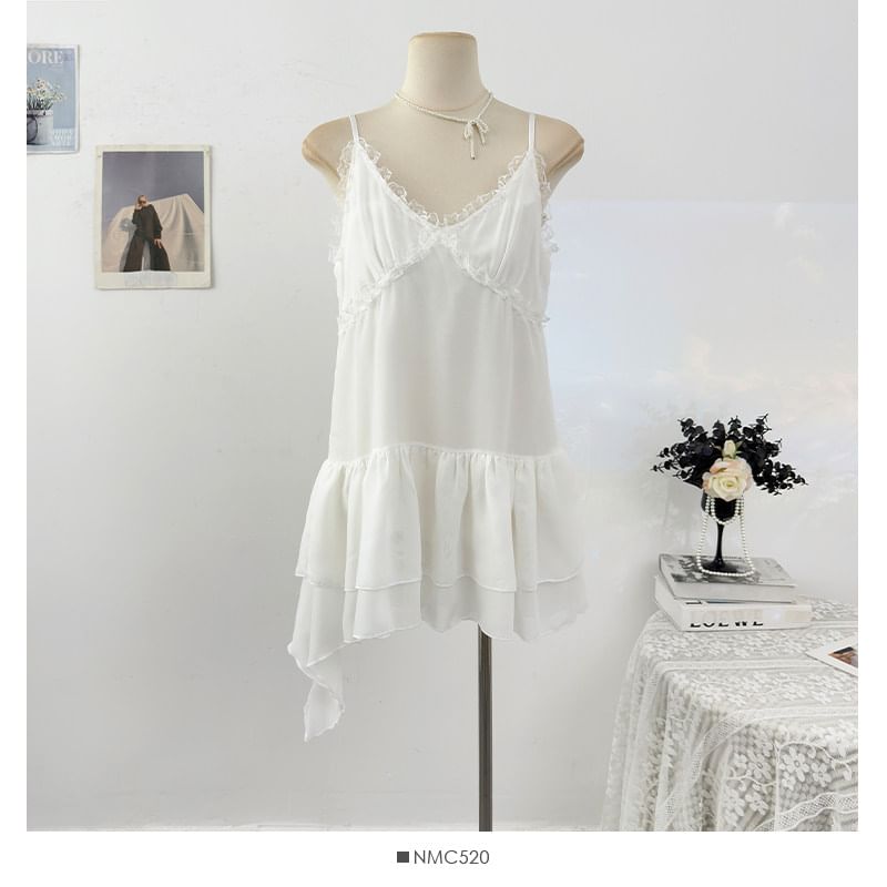 Spaghetti Strap V-Neck Plain Ruffle Asymmetrical Lace Mini A-Line Dress