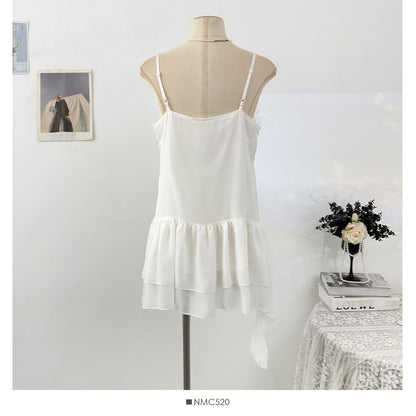 Spaghetti Strap V-Neck Plain Ruffle Asymmetrical Lace Mini A-Line Dress