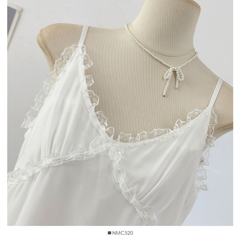 Spaghetti Strap V-Neck Plain Ruffle Asymmetrical Lace Mini A-Line Dress