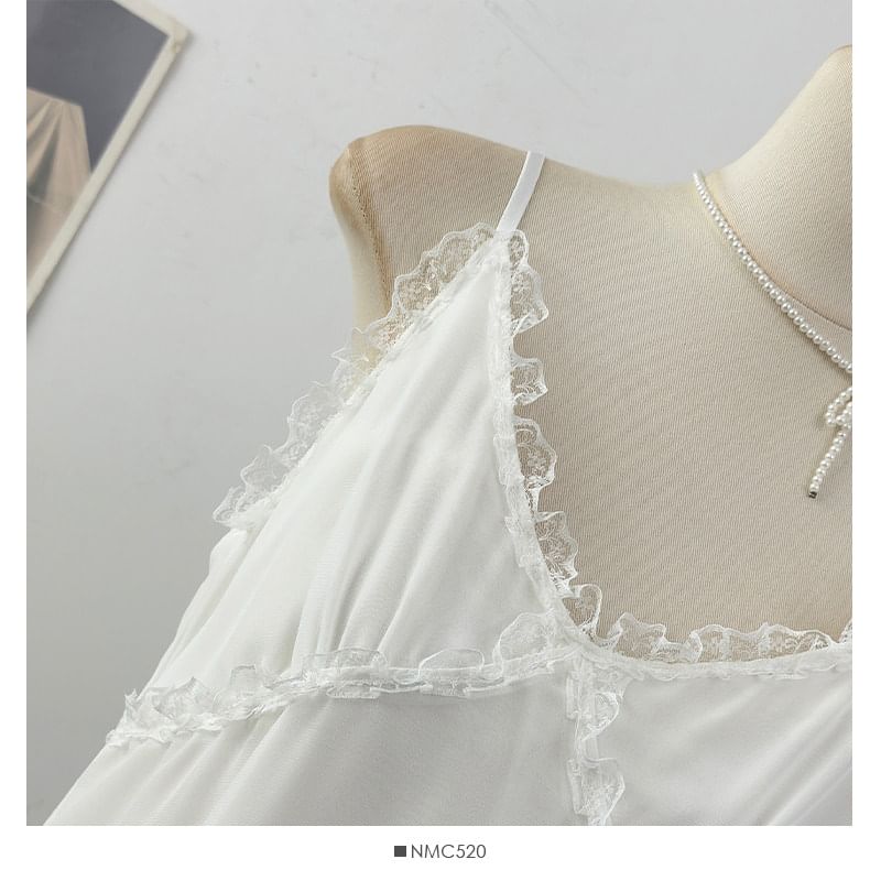 Spaghetti Strap V-Neck Plain Ruffle Asymmetrical Lace Mini A-Line Dress