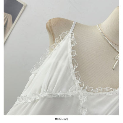 Spaghetti Strap V-Neck Plain Ruffle Asymmetrical Lace Mini A-Line Dress
