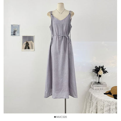 Spaghetti Strap Plain Beaded Tie-Waist Maxi A-Line Dress