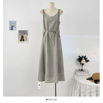 Spaghetti Strap Plain Beaded Tie-Waist Maxi A-Line Dress