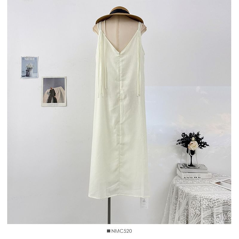 Spaghetti Strap Plain Beaded Tie-Waist Maxi A-Line Dress