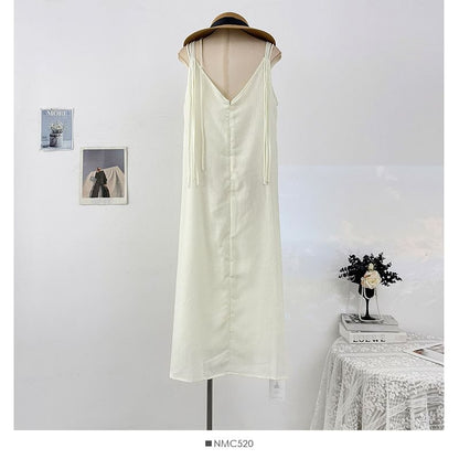 Spaghetti Strap Plain Beaded Tie-Waist Maxi A-Line Dress