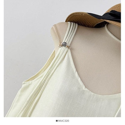 Spaghetti Strap Plain Beaded Tie-Waist Maxi A-Line Dress