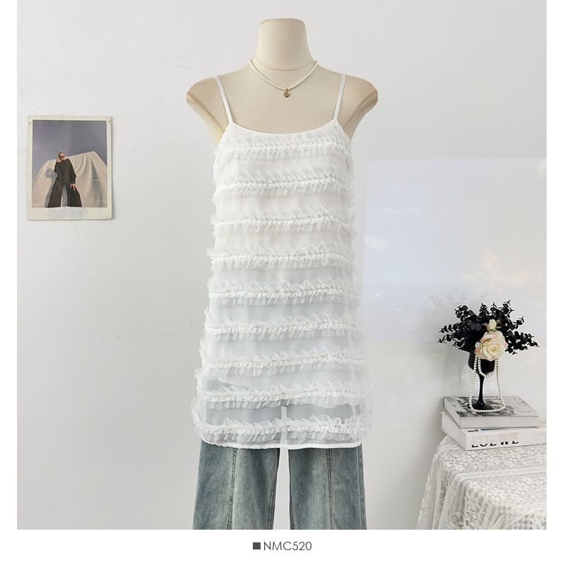 Spaghetti Strap Plain Frill Mesh Mini A-Line Dress