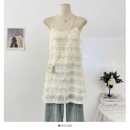 Spaghetti Strap Plain Frill Mesh Mini A-Line Dress
