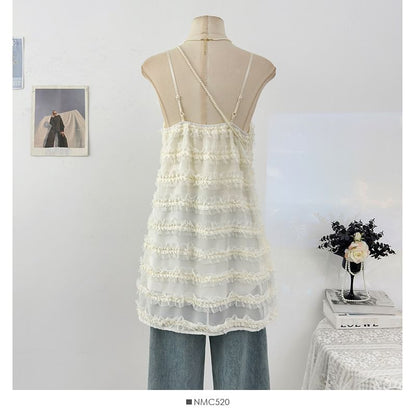 Spaghetti Strap Plain Frill Mesh Mini A-Line Dress