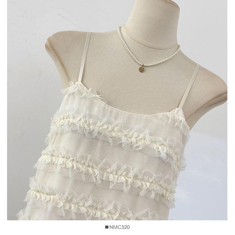 Spaghetti Strap Plain Frill Mesh Mini A-Line Dress