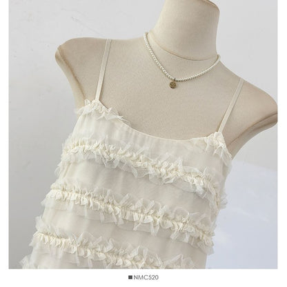 Spaghetti Strap Plain Frill Mesh Mini A-Line Dress