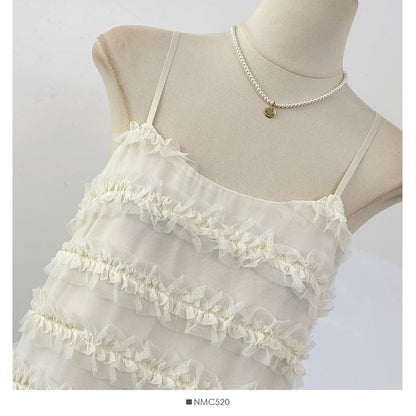 Spaghetti Strap Plain Frill Mesh Mini A-Line Dress