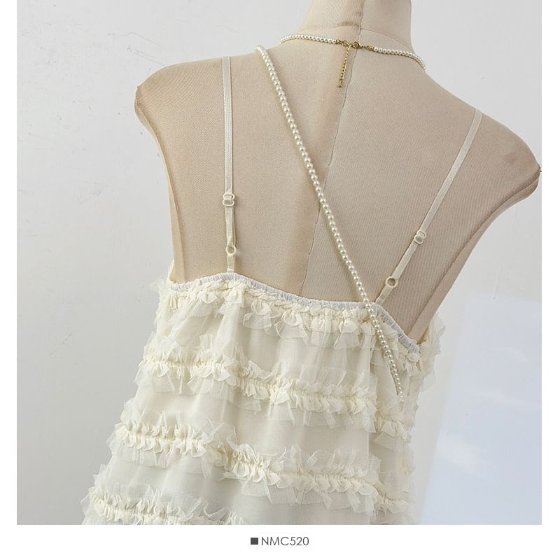 Spaghetti Strap Plain Frill Mesh Mini A-Line Dress