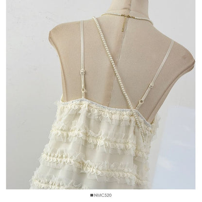 Spaghetti Strap Plain Frill Mesh Mini A-Line Dress