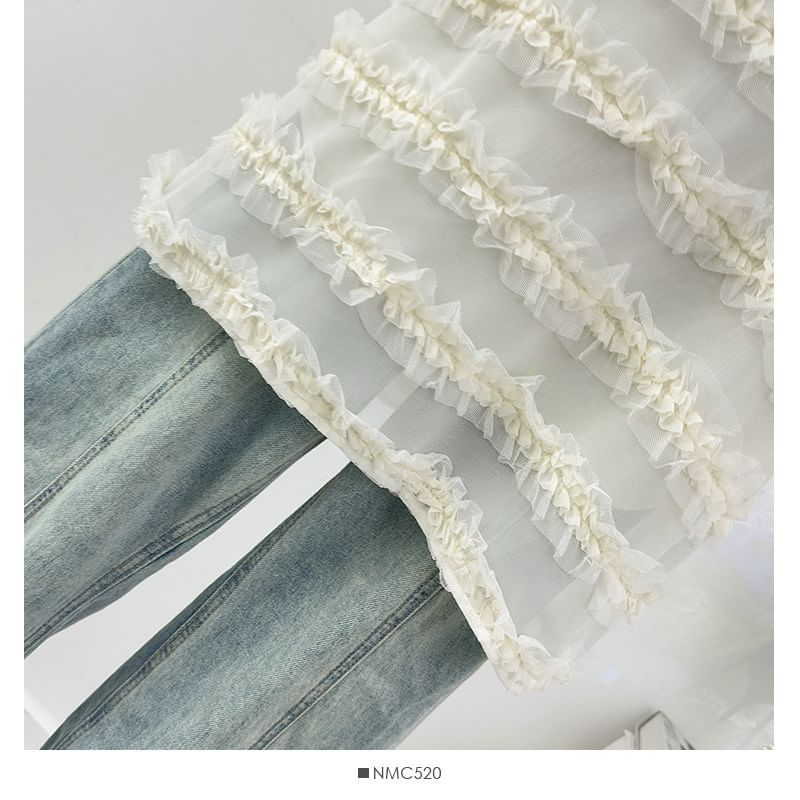 Spaghetti Strap Plain Frill Mesh Mini A-Line Dress
