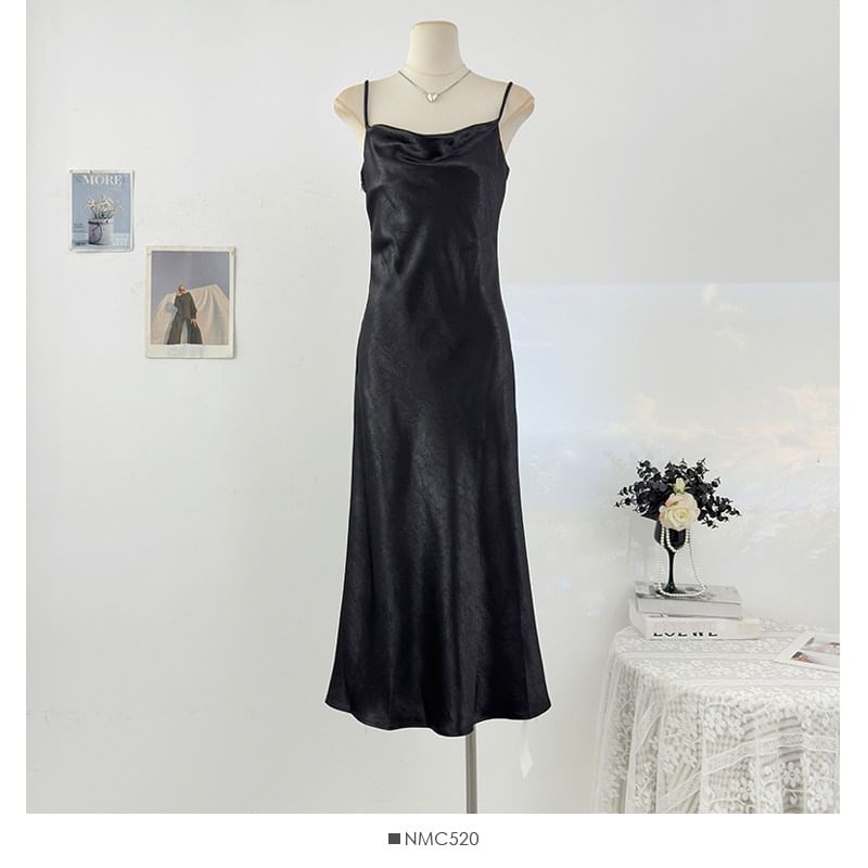 Spaghetti Strap Plain Satin Maxi A-Line Dress