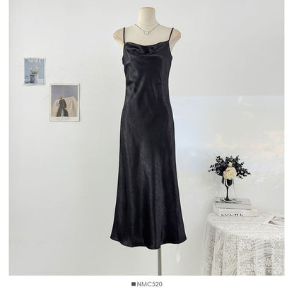 Spaghetti Strap Plain Satin Maxi A-Line Dress