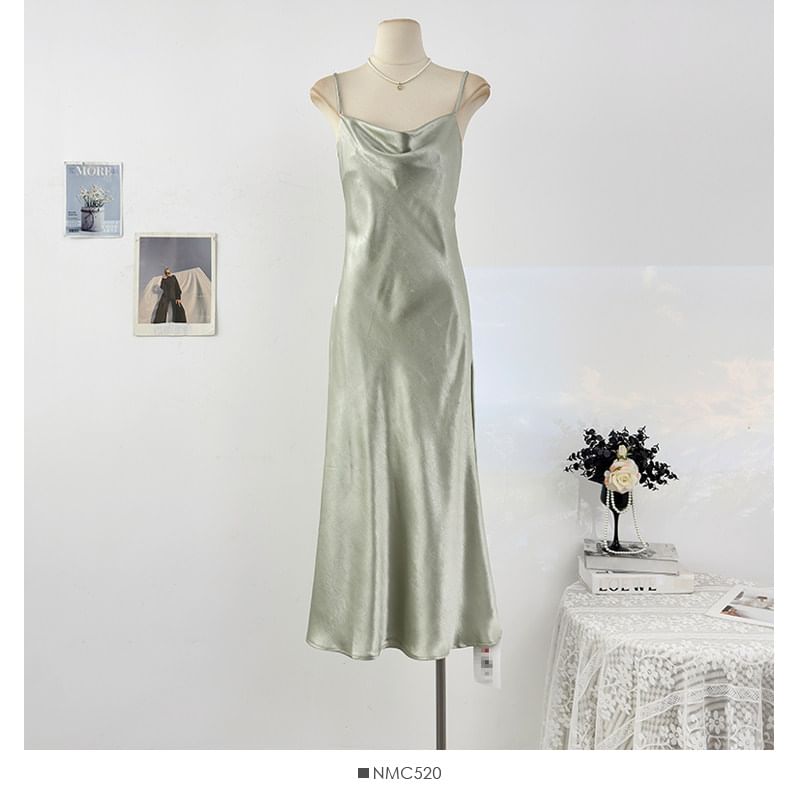 Spaghetti Strap Plain Satin Maxi A-Line Dress