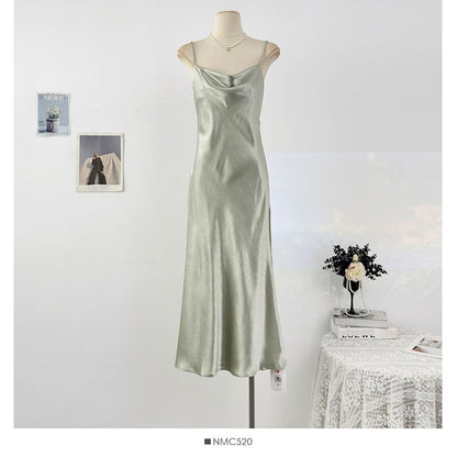 Spaghetti Strap Plain Satin Maxi A-Line Dress