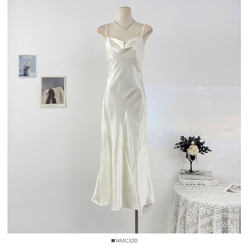 Spaghetti Strap Plain Satin Maxi A-Line Dress
