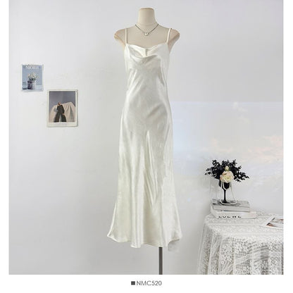 Spaghetti Strap Plain Satin Maxi A-Line Dress