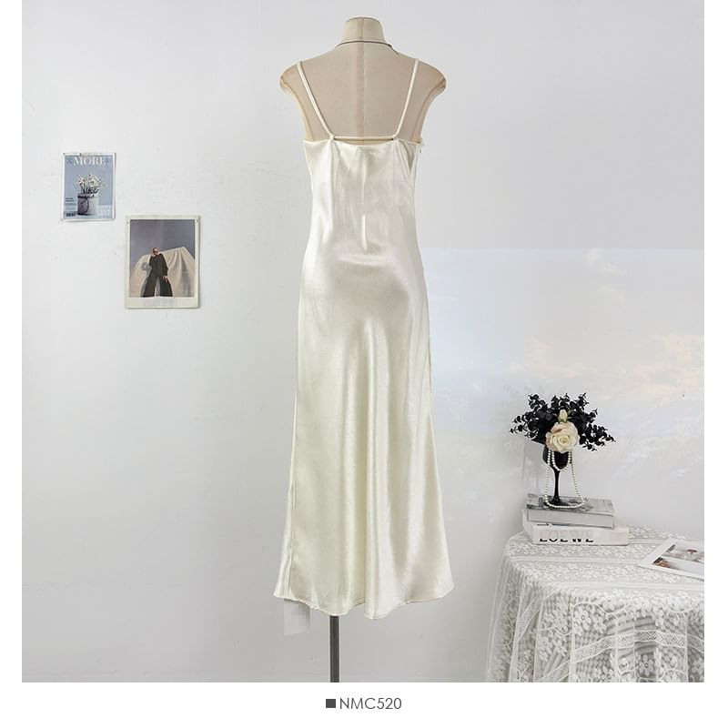 Spaghetti Strap Plain Satin Maxi A-Line Dress