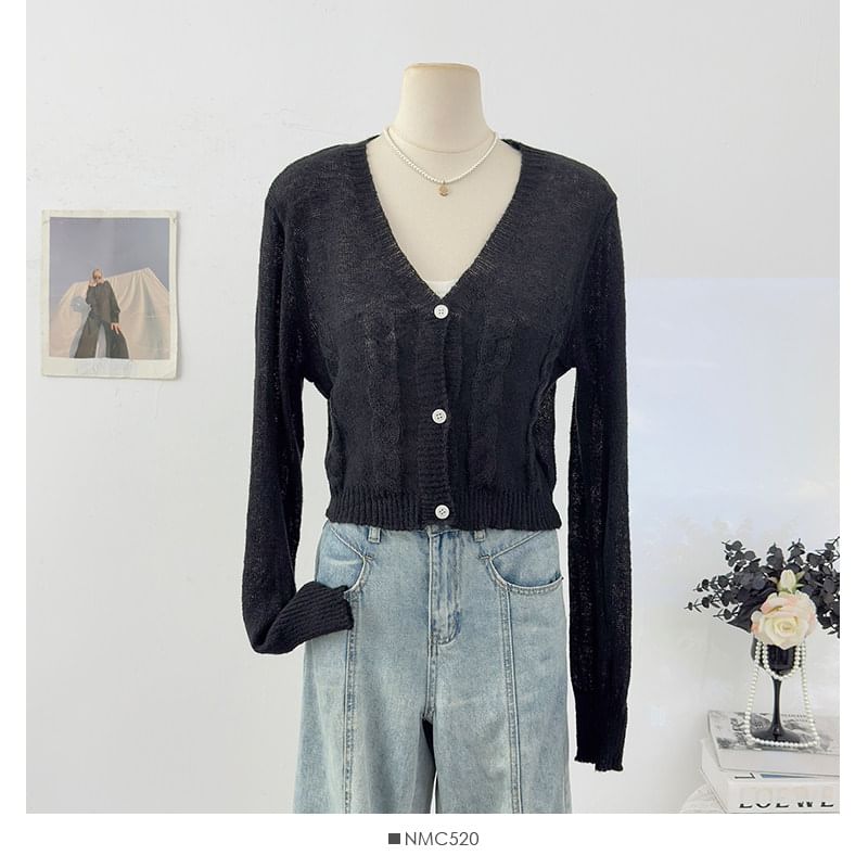 V-Neck Plain Cable Knit Cardigan