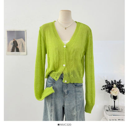 V-Neck Plain Cable Knit Cardigan