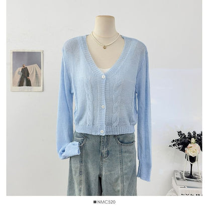 V-Neck Plain Cable Knit Cardigan