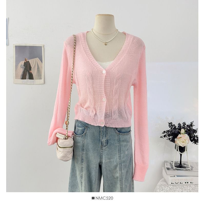 V-Neck Plain Cable Knit Cardigan