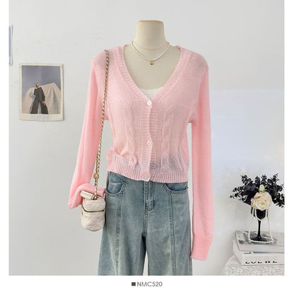 V-Neck Plain Cable Knit Cardigan