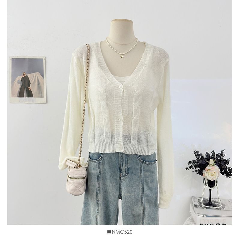 V-Neck Plain Cable Knit Cardigan