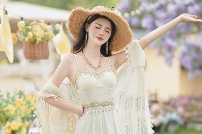 Spaghetti Strap Sheer Maxi A-Line Dress / Tasseled Cardigan / Set