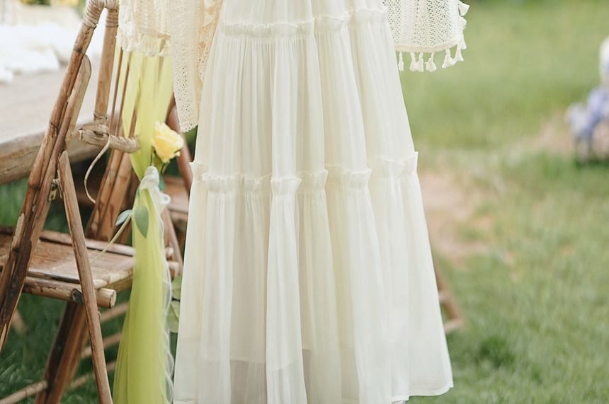 Spaghetti Strap Sheer Maxi A-Line Dress / Tasseled Cardigan / Set
