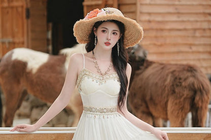 Spaghetti Strap Sheer Maxi A-Line Dress / Tasseled Cardigan / Set