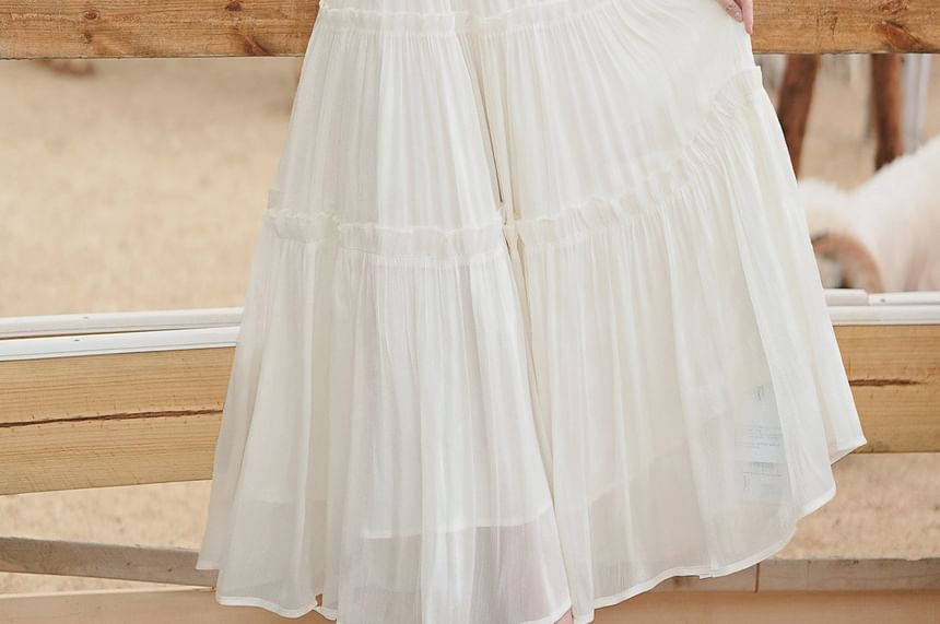 Spaghetti Strap Sheer Maxi A-Line Dress / Tasseled Cardigan / Set