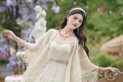 Spaghetti Strap Sheer Maxi A-Line Dress / Tasseled Cardigan / Set