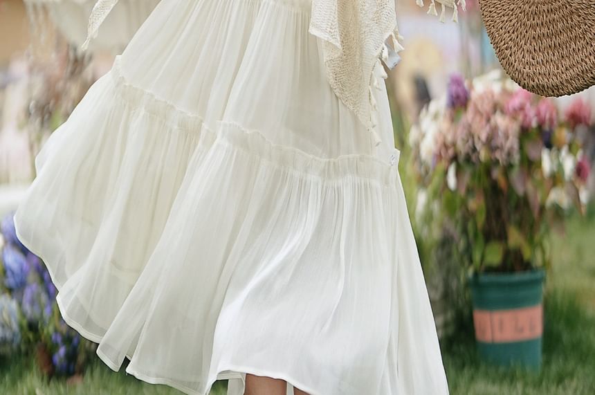 Spaghetti Strap Sheer Maxi A-Line Dress / Tasseled Cardigan / Set